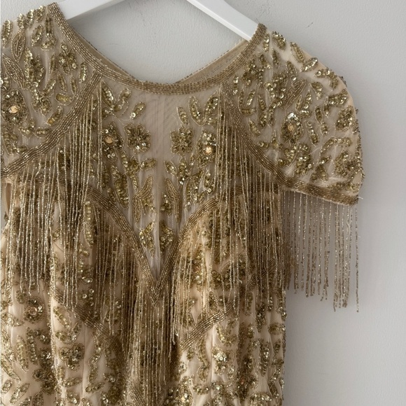 MAC DUGGAL Gold Embellished Fringe Cap Sleeve Trumpet Gown 10 - Picture 12 of 13